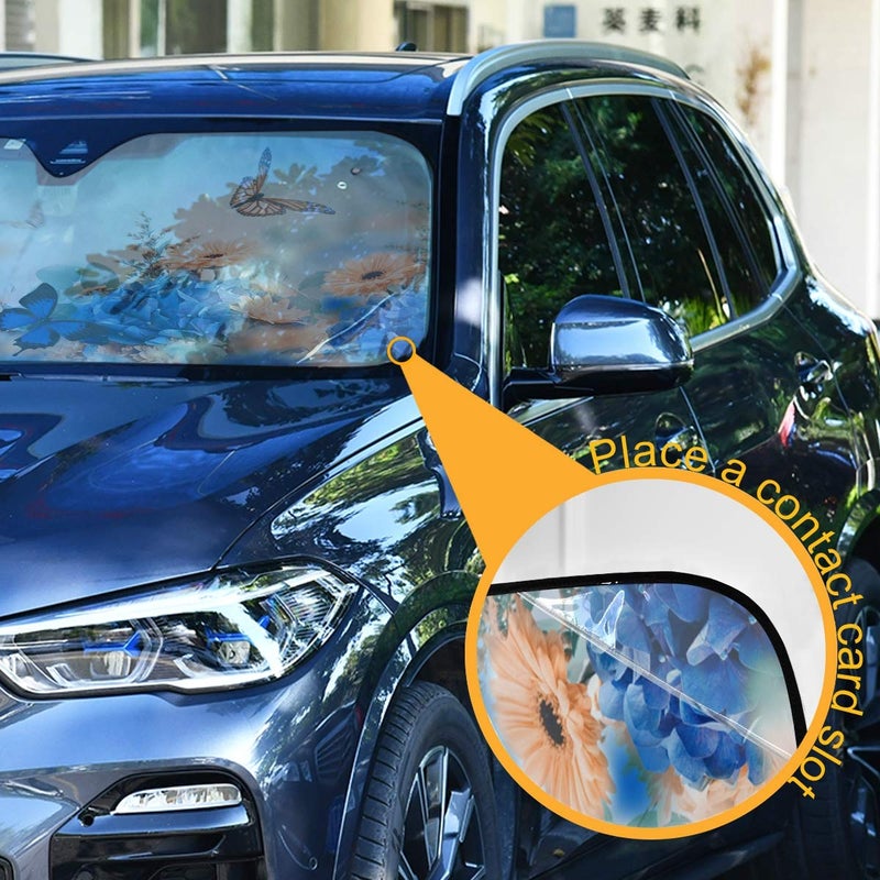 Oarencol Butterfly Daisy Car Windshield Sun Shade Blue Hydrangea Yellow Flowers Foldable UV Ray Sun Visor Protector Sunshade to Keep Your Vehicle Cool (55" x 27.6") - Image 3